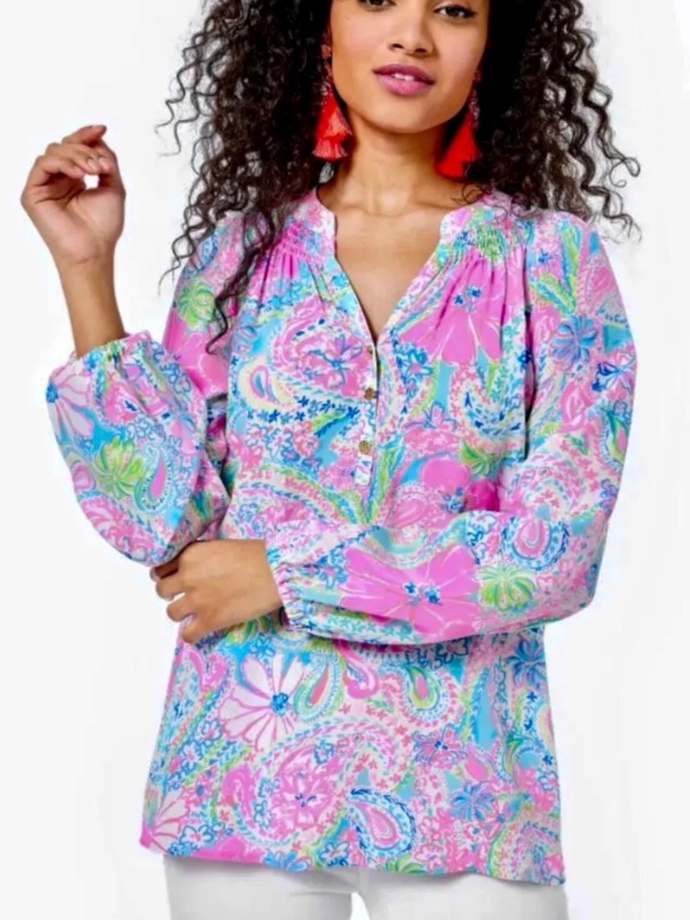 Lilly Pulitzer Pink Multi Paisley Print Peasant Blouse